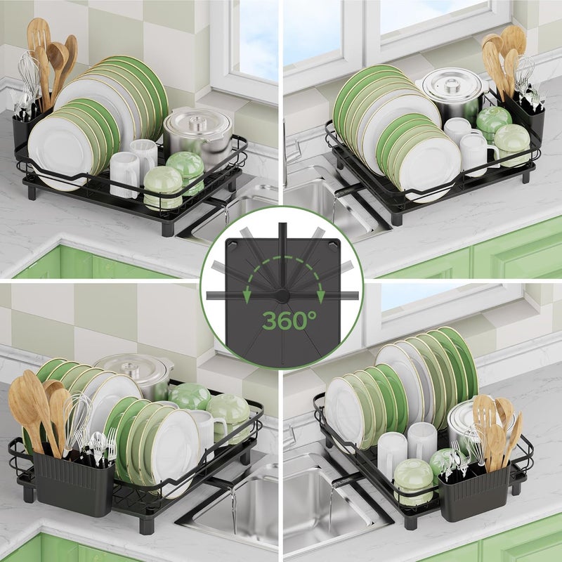 Rottogoon Dish Drying Rack, Stainless Steel Rustproof Dish Rack for Kitchen Counter, Sturdy Dish Drainer with Drainboard, Drainage, Utensil Holder for Various Kitchenware, 16.2"(L) x 12.6"(W), Black - Image 3